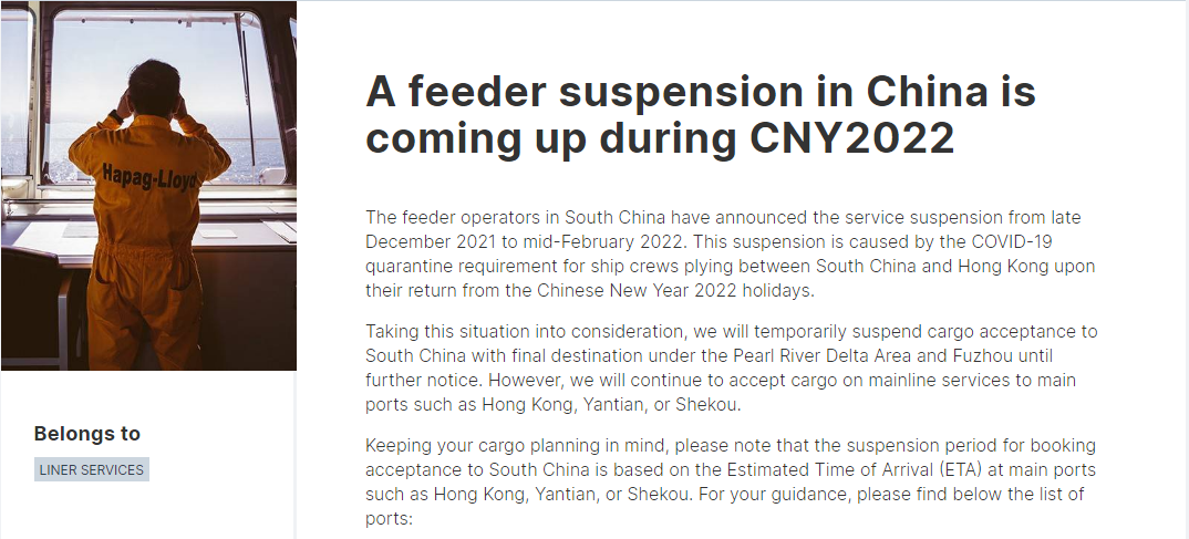 Please note:A feeder suspension in China is coming up during CNY2022