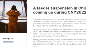 Please note:A feeder suspension in China is coming up during CNY2022